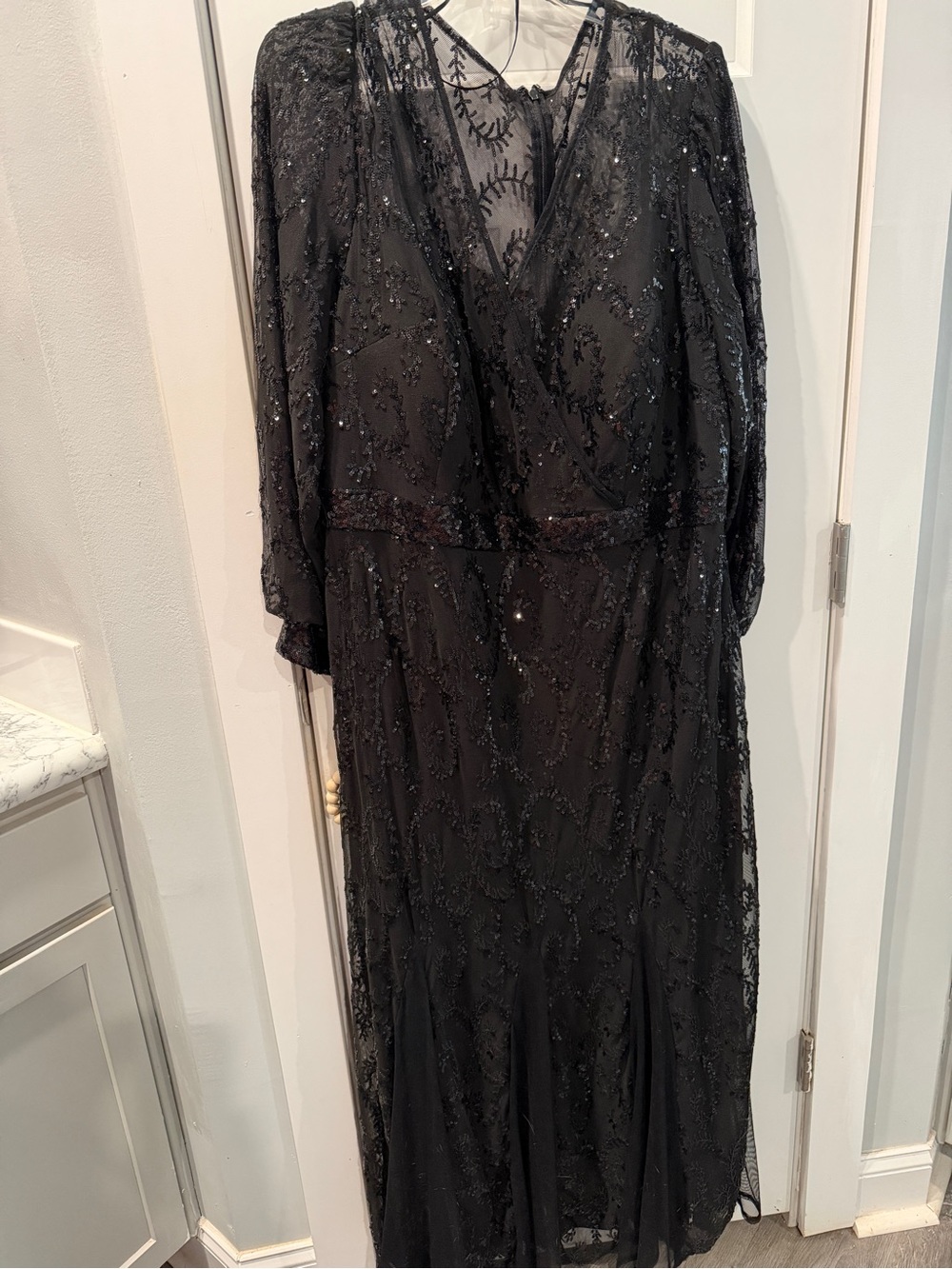 R&M Richards Black Beaded Long Sleeve Evening Gown